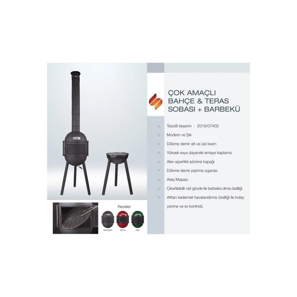 Sürel Çok Amaçlı Döküm Bahçe Şöminesi Teras Sobası Barbekü - Kırmızı - Resim 3