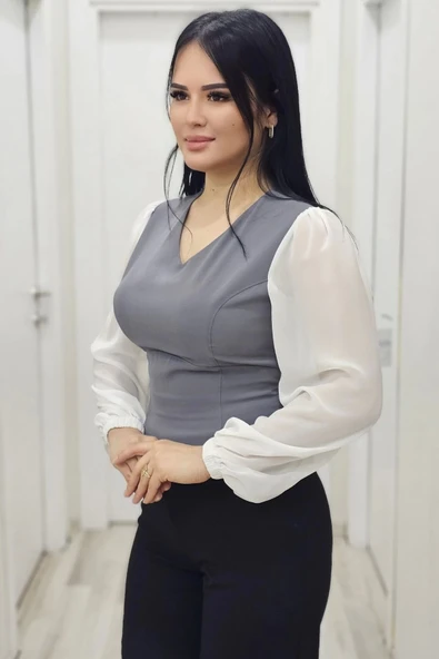 Şık V Yaka Crop Üst 6010-Gri - 2