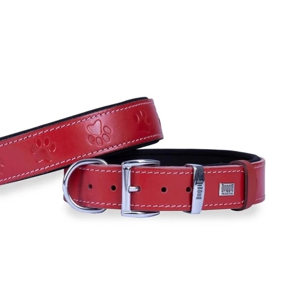 Doggie Comfort Deri Pati Desenli Köpek Boyun Tasması Medium Kırmızı 3.5x47-55 Cm