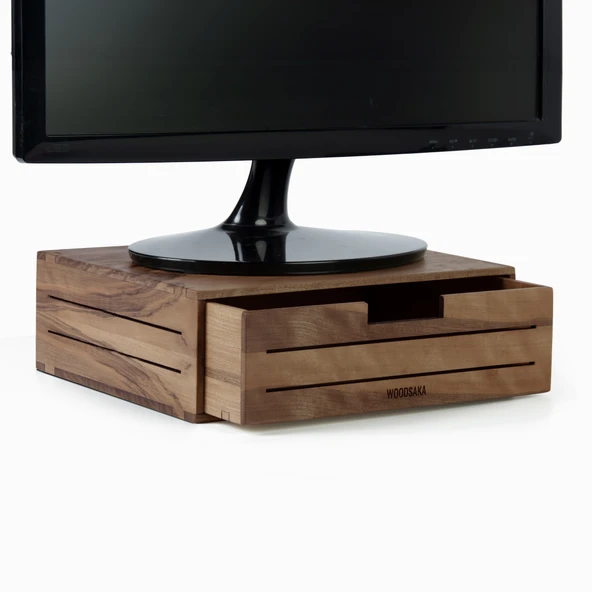Woodsaka 3line Çekmeceli Monitör Stand & Araç-Gereç Saklama Kutusu - Büyük - Ceviz Ağacından - 2