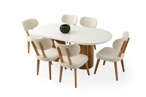 Açılır Oval HIGH GLOSS Yemek Masası Takımı Masal Sandalye Natural 1 Masa 6 Sandalye ) - 4