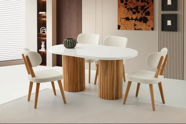 Açılır Oval HIGH GLOSS Yemek Masası Takımı Masal Sandalye Natural 1 Masa 4 Sandalye )