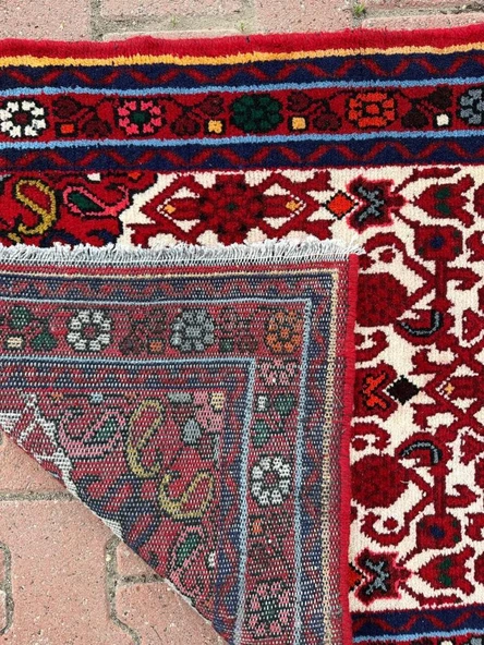 El Dokuma Yolluk, 72x283 cm Uzun Çiçek Desenli Vintage Halısı, Canlı Renkli Yün Halı, Özel Tasarım Kırmızı Antre Halısı - 5