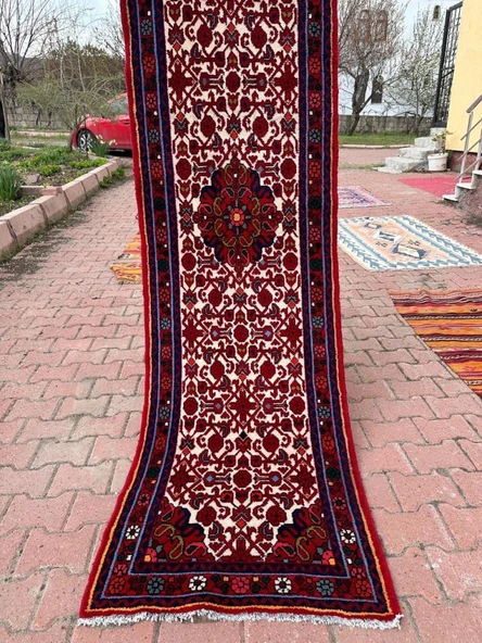 El Dokuma Yolluk, 72x283 cm Uzun Çiçek Desenli Vintage Halısı, Canlı Renkli Yün Halı, Özel Tasarım Kırmızı Antre Halısı