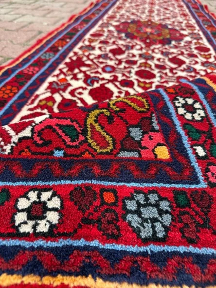El Dokuma Yolluk, 72x283 cm Uzun Çiçek Desenli Vintage Halısı, Canlı Renkli Yün Halı, Özel Tasarım Kırmızı Antre Halısı - 3