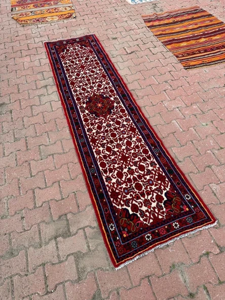 El Dokuma Yolluk, 72x283 cm Uzun Çiçek Desenli Vintage Halısı, Canlı Renkli Yün Halı, Özel Tasarım Kırmızı Antre Halısı - 4