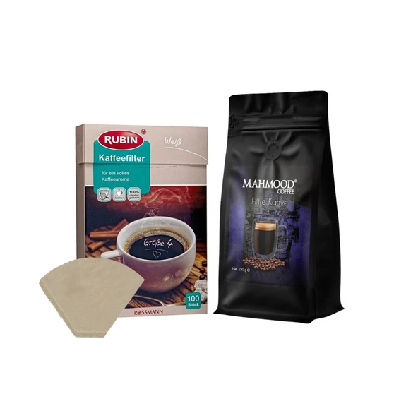 Mahmood Coffee Filtre Kahve 250 g ve Rubin Büyük Boy Kahve Filtresi Naturel Kağıt 4 Numara 100'lü