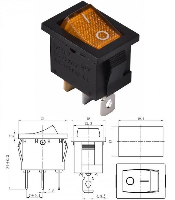 Anahtar Mini Sarı On Off Işıklı 3 Pin 6a 250v Kcd1-2-101n / Ic-118 ( Kalıcı Tip)