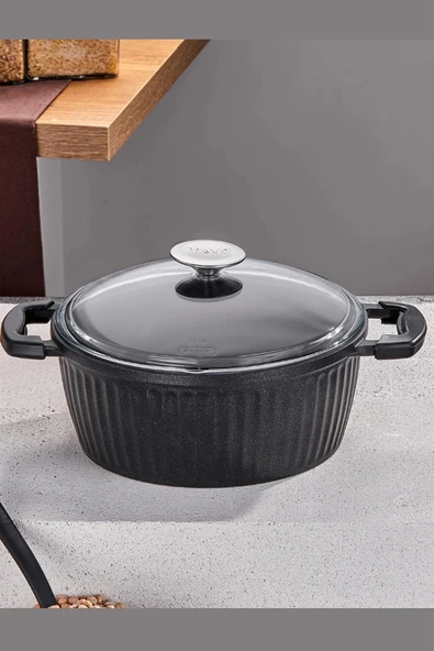 Taç Valeriya Döküm Cam Kapak Derin Tencere 22 Cm Siyah TAC-4975 ürün görseli