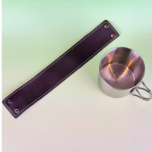 Perlotus Çelik 330 ml. Deri Kılıflı Katlanır Kulplu Kahve Kamp Bardağı Fincanı - Resim 4