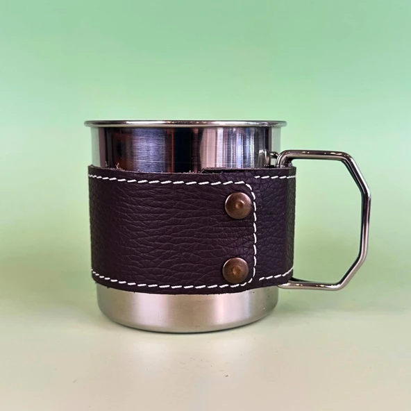 Perlotus Çelik 330 ml. Deri Kılıflı Katlanır Kulplu Kahve Kamp Bardağı Fincanı - Resim 2