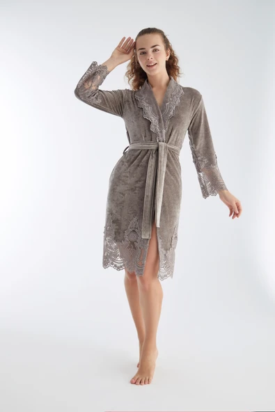 Dantelli Niki Kadife Bambu Cotton Sabahlık - 2