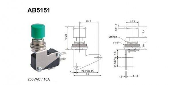 HIGHLY SWİTCH ( AB5151)  YEŞİL BAŞLI 13mm TERMİNAL BAĞLANTILI ŞASE TİP