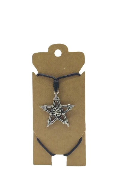 UNİSEX KOTON İP ASKILI VE GÜMÜŞ ANTİK KAPLAMALI TRİBAL KOLYE ürün görseli 1