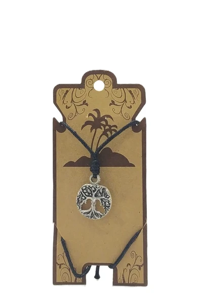 UNİSEX KOTON İP ASKILI VE GÜMÜŞ ANTİK KAPLAMALI TRİBAL KOLYE ürün görseli 1