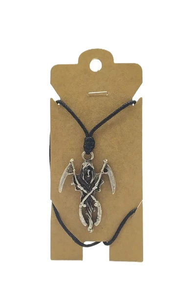 UNİSEX KOTON İP ASKILI VE GÜMÜŞ ANTİK KAPLAMALI TRİBAL KOLYE ürün görseli 1