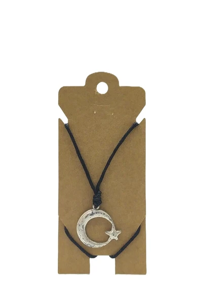 UNİSEX KOTON İP ASKILI VE GÜMÜŞ ANTİK KAPLAMALI TRİBAL KOLYE ürün görseli 1