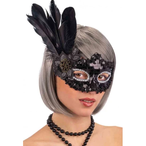 Siyah Payetli Pullu Yandan Tüylü Parti Maskesi - Resim 3
