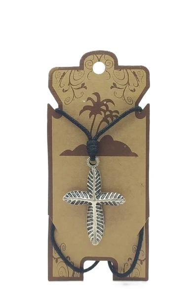 UNİSEX KOTON İP ASKILI VE GÜMÜŞ ANTİK KAPLAMALI TRİBAL KOLYE ürün görseli 1