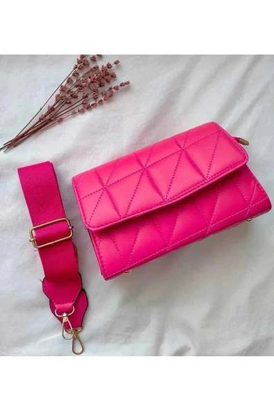 Mini Kapitone Pembe Mıknatıs Kapaklı Kolon Askılı Kol ve Omuz Çantası