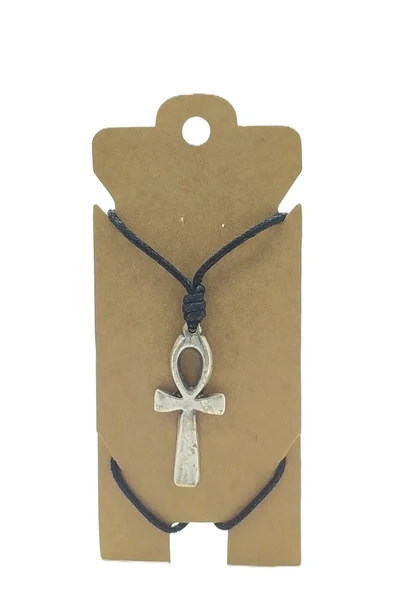 UNİSEX KOTON İP ASKILI VE GÜMÜŞ ANTİK KAPLAMALI TRİBAL KOLYE ürün görseli 1