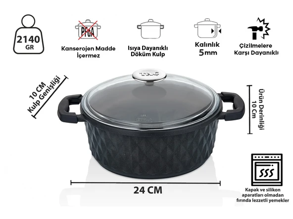 Taç Bella Cam Kapak Döküm Derin Tencere 24 Cm Siyah - 10