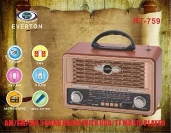 Everton Bluetooth Fm-Usb-Tf-Aux  Şarjlı Nostaljik Radyo