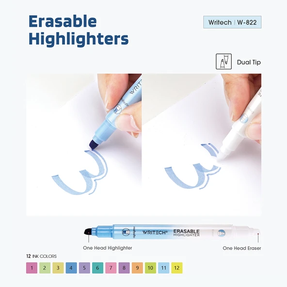 WRITECH W-822 SİLİNEBİLİR FOSFORLU KALEM PASTEL MAVİ  - 12'Lİ KUTU - 2