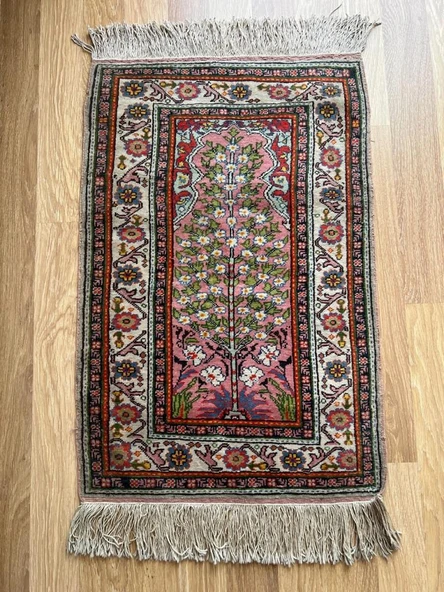 62x93 cm Küçük Şık Halı, Eşsiz Desenli Anadolu Kilimi, Çiçek Desenli El Dokuma Yün Halı, Salon ve Ofis için Özel Halı