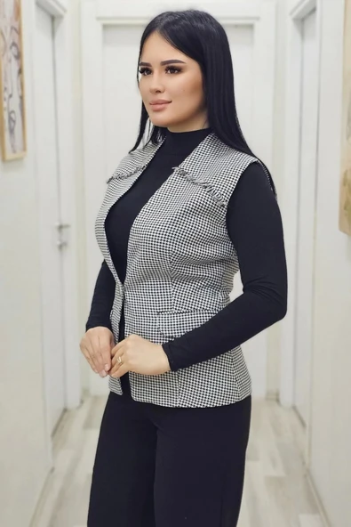 Püskül Detaylı Cepli Yelek 704-1-Siyah/Beyaz - 3