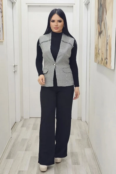 Püskül Detaylı Cepli Yelek 704-1-Siyah/Beyaz