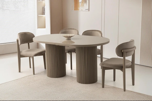 Açılır Oval HIGH GLOSS Yemek Masası Takımı Nergis Sandalye Cappicino 1 Masa 6 Sandalye )