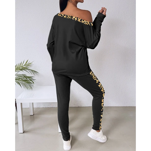 Lucky Life Kadın Uzun Kollu Leopar Detay Viskon Iki Iplik Ikili Takım