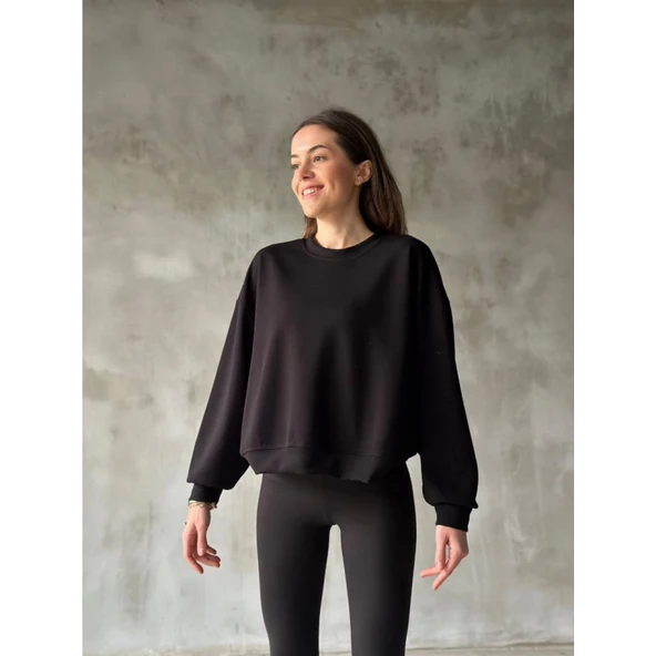 Osy Modal Yumuşak Dokulu Kumaş Bisiklet Yaka Oversize Sweatshirt - Siyah - 2