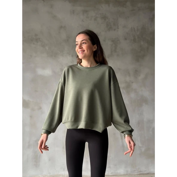 Osy Modal Yumuşak Dokulu Kumaş Bisiklet Yaka Oversize Sweatshirt - Haki - 2