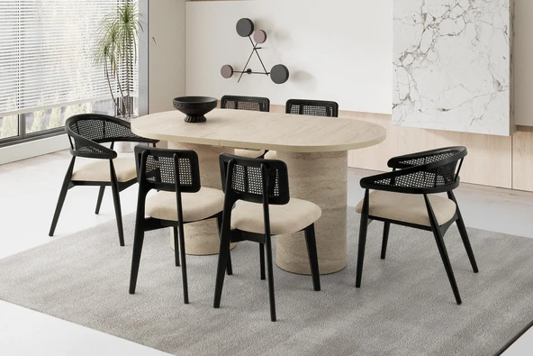 Açılır Oval Picasso Yemek Masası Takımı Gazel - Kuzey Sandalye ( 1 Masa 6 Sandalye )