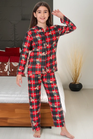 Kız Çocuk Ayıcık Baskılı Pijama Takımı 12157 - 2