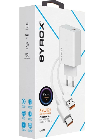 Syrox M67T 3.0A 67W Turbo 1mt Usb-A - Type-C Kablolu 1xusb-A Çıkışlı Şarj Cihazı - Beyaz - 2