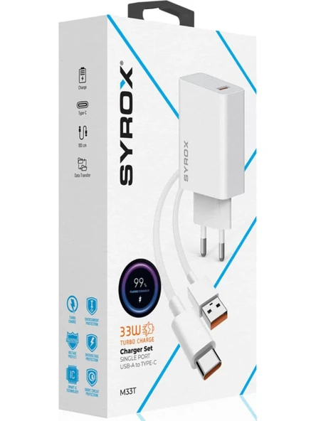 Syrox M33T 3.0A 33W Turbo 1mt Usb-A - Type-C Kablolu Usb-A Çıkışlı Şarj Cihazı - Beyaz - 2