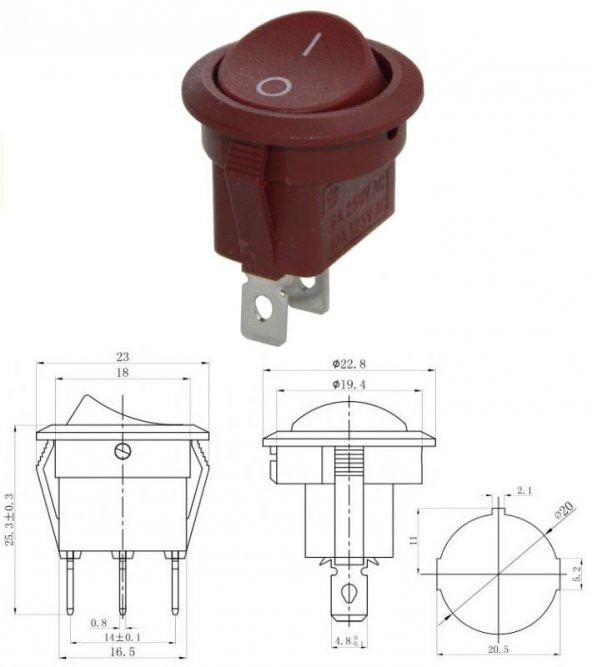 Anahtar Yuvarlak Koyu Kahve On Off Işıksız 2 Pin 6a 250v Kcd1 / Ic-133 ( Kalıcı Tip )