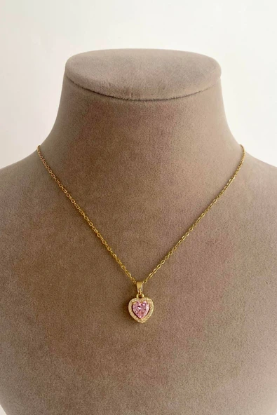 Çelik Zincir Gold Renk Zirkon Taş Pembe Kalp Model Kadın Kolye - 4