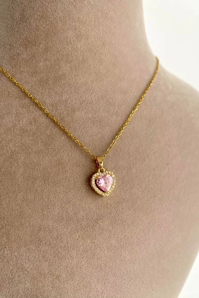 Çelik Zincir Gold Renk Zirkon Taş Pembe Kalp Model Kadın Kolye - 3