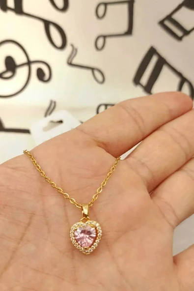 Çelik Zincir Gold Renk Zirkon Taş Pembe Kalp Model Kadın Kolye - 5