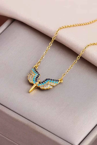 Mavi Zirkon Taşlı Gold Renk Mikail Meleği Figürlü Kadın Kolye - 2