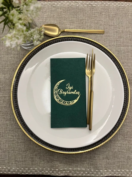 Gold Yaldızlı Yeşil Ay Desenli İyi Bayramlar Peçete 16 Adet