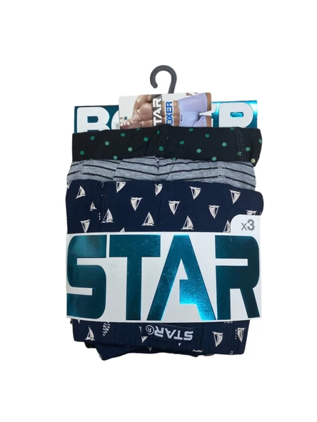 Star 106 Desenli Pamuklu Kemer Likralı 3'lü Boxer - 2