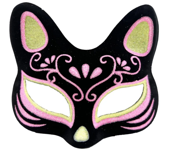 Siyah Renk Süet Kaplama Üzeri Sarı Pembe Simli Kedi Maskesi 17x14 cm - 2