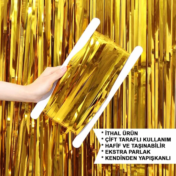 Altın Gold Renk Ekstra Metalize Parlak Saçaklı Arka Fon Perde İthal A Kalite 1x2 Metre - 5
