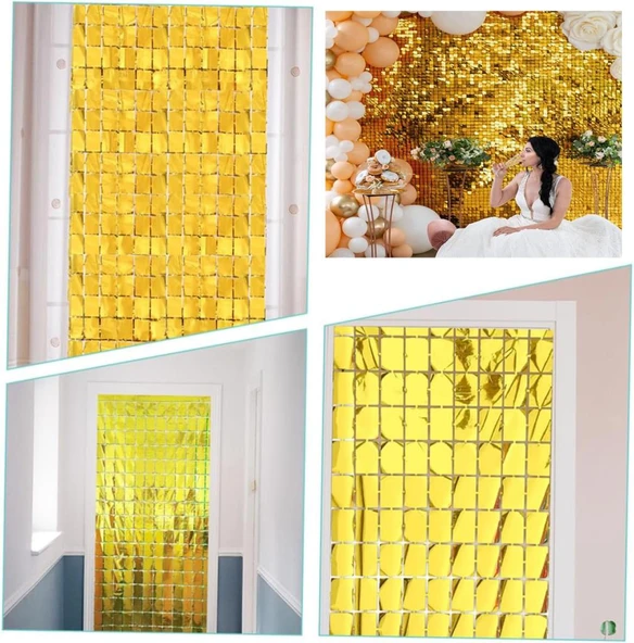 Ekstra Metalize Altın Renk Disko Dikdörtgen Kesim Kapı Perdesi Dekorasyon 1x2 Metre - 2