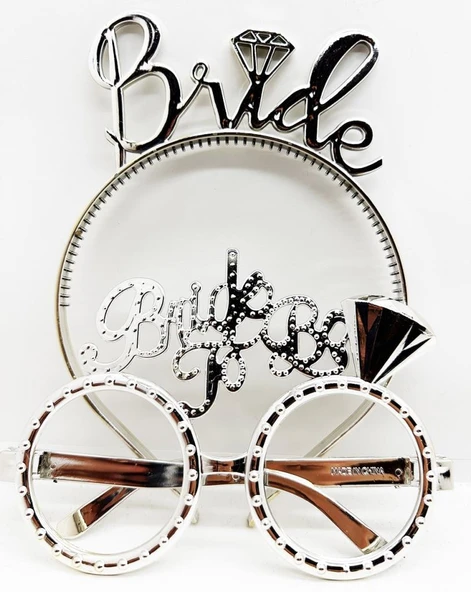 BrideYazılıTaçveBrideToBeYazılıGözlükSetiGümüşRenk